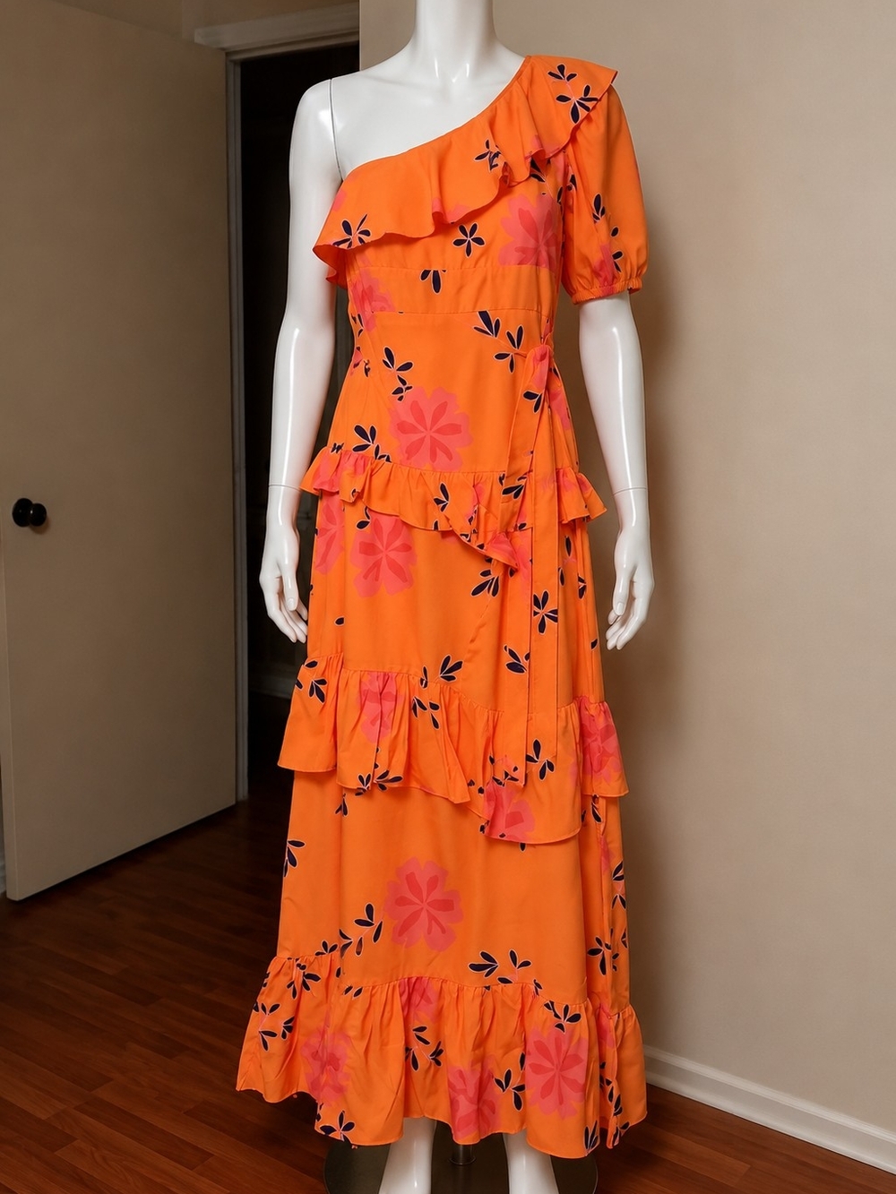 One-Shoulder Orange Floral Ruffled Maxi Dress
